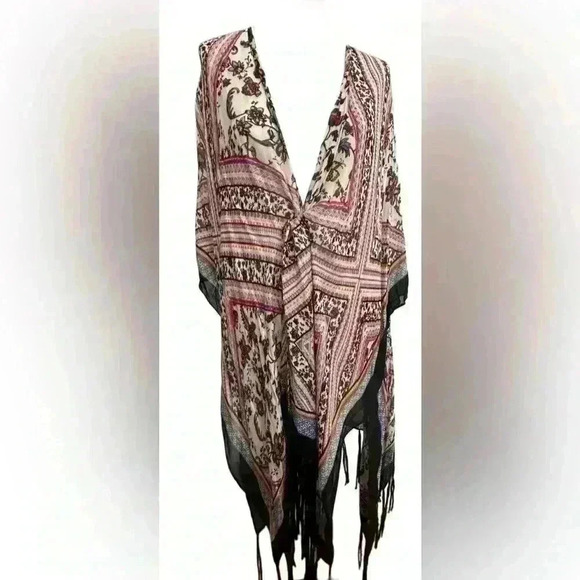 Tops - Fringe Trimmed Multi-colored Wrap/Kimono—One Size